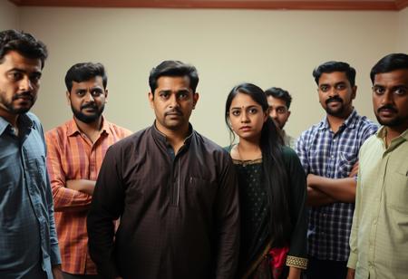 Man stands close to Indian woman in her twenty's in kurta in middle of room surrounded by guys with sad,confused and scared facial expression