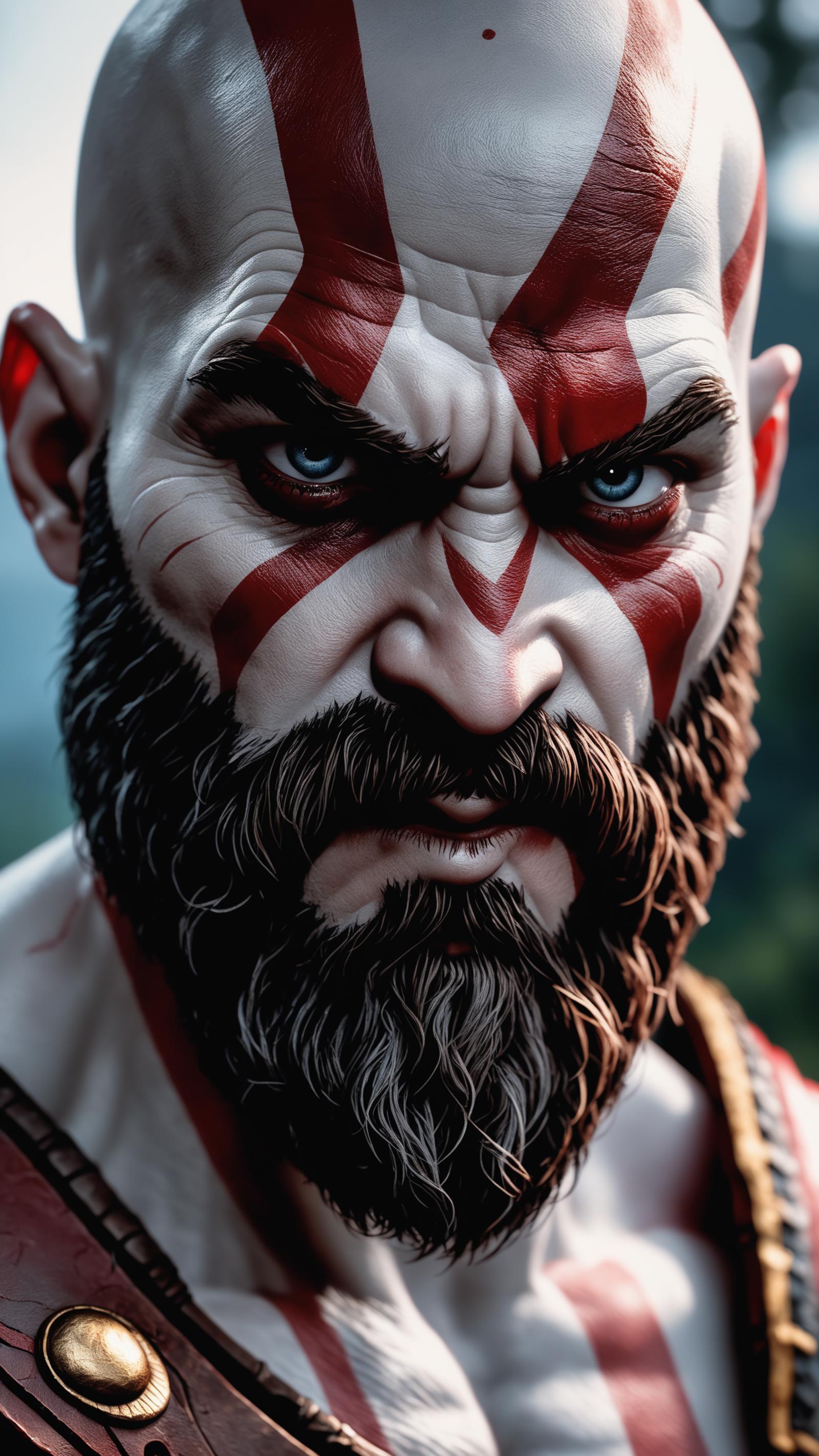 A close-up of a man with a beard and red and white facial paint, showing his intense expression.