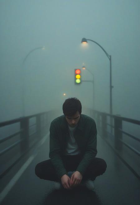 Young man, dispassionate , moody, hazy, foggy, traffic lights break through the dense fog on a lonely evening, sitting on a bridge, looking down, artsy, pop album cover shot, graphic design background, close up on man's face