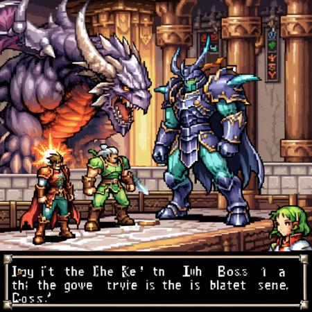 For an image in a game style, depicting a classic RPG game's final boss scene with character dialogue boxes and portraits: Visualize an intense confrontation scene, the RPG game's final boss in full, menacing regalia, towering over the scene. The boss's portrait is in the upper corner, detailed and expressive, illustrating a mix of surprise and respect. A dialogue box snugly fits below the portrait, with the text, 'You've finally made it to the end, haven't you?' The scene's art style reflects the nostalgic pixel art or hand-drawn visuals typical of classic RPGs, with vibrant colors and dramatic lighting to enhance the epic confrontation atmosphere.,  <lora:gbaplay_rpg:0.7>, <lora:xl_paimeng girl2:0.7>