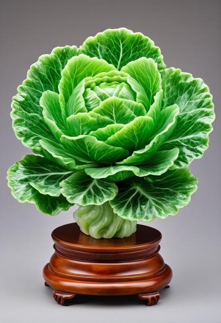 masterpiece, best quality, high quality, good quality, a jadeite cabbage sitting on top of a wooden stand, scales made of jade, translucent leaves, veggies,  green tunic, cabbage, sumptuous, faceted, vegetable foliage, museum item,