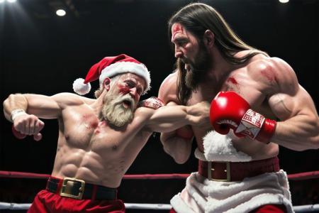 Jesus fighting agsinst Santa Clause in a brutal, bloody, bareknuckle pitfight
