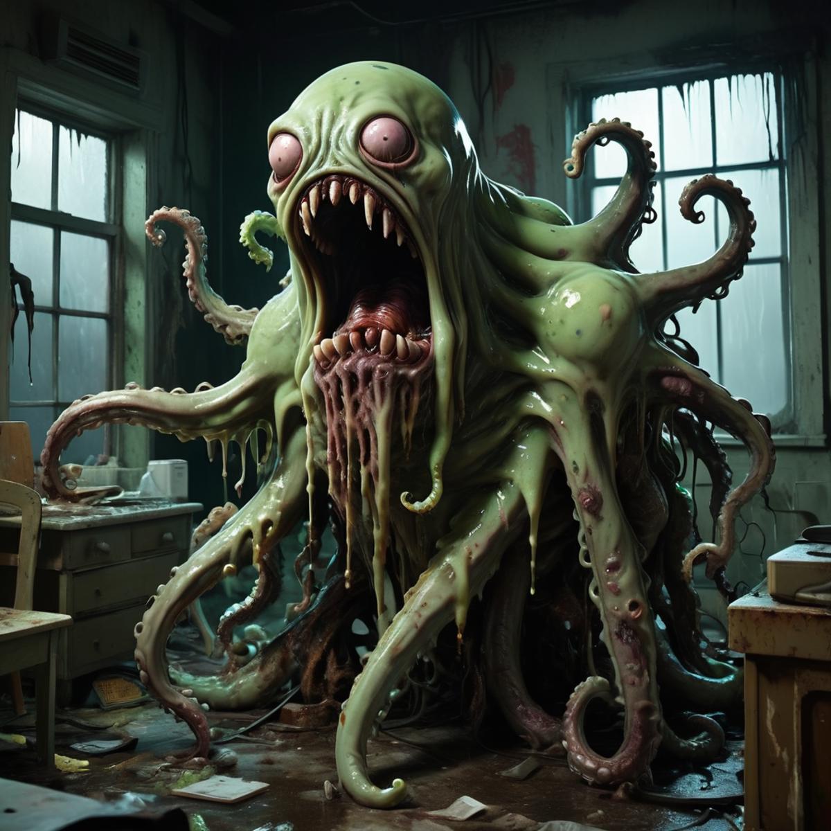 An Octopus Monster with Pink Eyes and Green Teeth in a Messy Office.