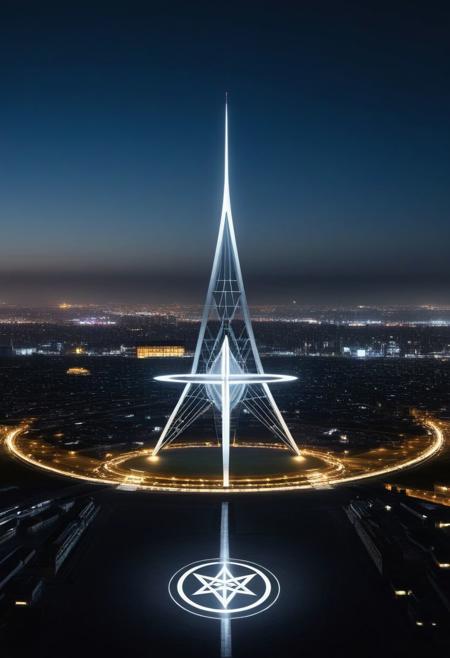 A stately pleasure-dome decree:
Aleph Tower, centre for the AI that rules the Human civilization, in a glittering city of glass and shining metal,
   bright sunlight under a pitch black sky.
So twice five miles of urban sprawl,
With walls and towers  girdled round;
In center: a black circle in bold lines intersected by a thick pentagram, symbol,
Photographer Reuben Wu Style