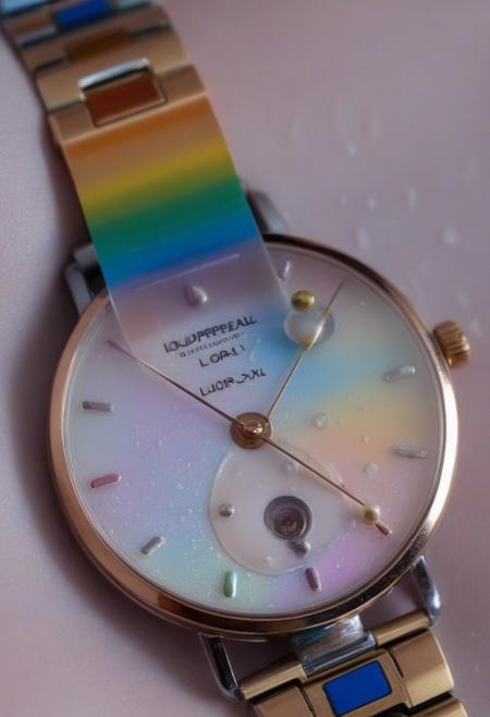 lazypos,aesthetic,extremely aesthetic,masterpiece,flowing,pool of liquid,overflowing,made of l1qu1dp34rl,metal,pearl,liquid pearl,pearlescent,pastel colors,rainbow,watch,no human,pocket watch,watch face,clock face,close up,macro photography,macro photo,liquid,filled,filled with liquid,liquid pouring from watch,oozing,<lora:liquidpearlXL_r1:1>,