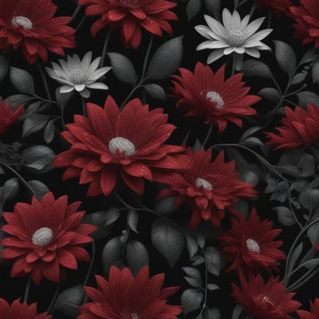 illustrate an intricate floral arrangement bursting with life against a stark black background, focus on detailed petals of deep reds, each stroke adding depth and realism to flowers, flowers should appear luminous, with dewdrops accenting their edges, giving a fresh and serene vibe, overall composition should balance vibrant life of flowers with void-like darkness, creating a striking contrast