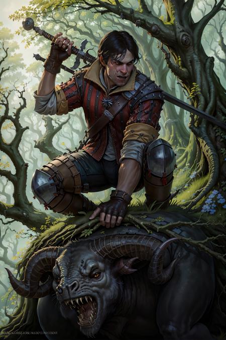 (masterpiece, top quality, best quality, official art, detailed:1.2),  <lora:eskel:0.7>, eskelW3_soul3142, black hair, gloves, 1boy, weapon, male focus, horns, sword, fingerless gloves, armor, tree, fangs, nature, forest, realistic, fantasy