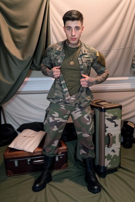 male jakipz <lora:jakipz-08:0.85> standing inside a military encampment wearing a military uniform, wearing a short-sleeved camo shirt and t-shirt and military dog tags around his neck and camo pants and black leather boots, vintage suitcases in the background, determined expression, holding shirt open, full shot, soft diffused lighting, tattoos, looking at camera