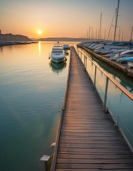 Pier illuminated by the rising sun. Thin glowing rays shimmer with warm tones.
Emphasize the beauty of the embankment.
Realistic photo, serene and picturesque.
Boats in the background.
Lighting Soft, warm light.
Cool blues with shades of green from the water.
Peaceful and romantic.
Wide-angle shot, long exposure to capture reflections.
A couple walking along the pier, towards a yacht.