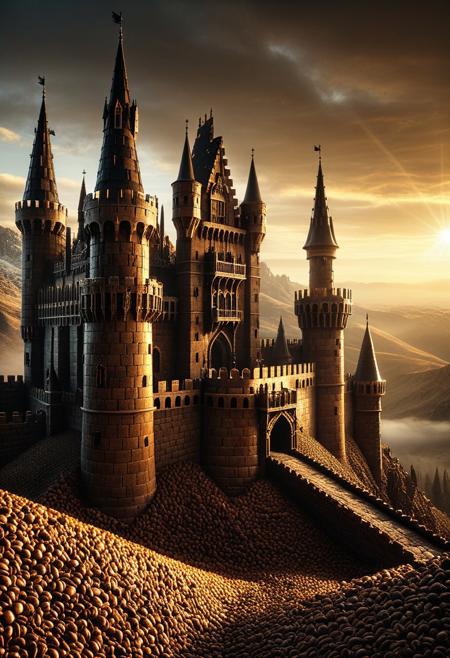 coffee beans, a massive medieval fantasy castle entirely built from polished and textured coffee beans, intricate towers and spires, gothic arches and fortified walls, rich brown tones with subtle golden highlights, cinematic sunlight from behind creating dramatic silhouettes, warm ambient glow, soft volumetric light rays filtering through fog, high detail in texture and architecture, glossy micro-reflections on the coffee beans, majestic atmosphere, ultra-realistic environment, detailed depth of field with blurred distant mountains, fantasy concept art, 24mm wide lens