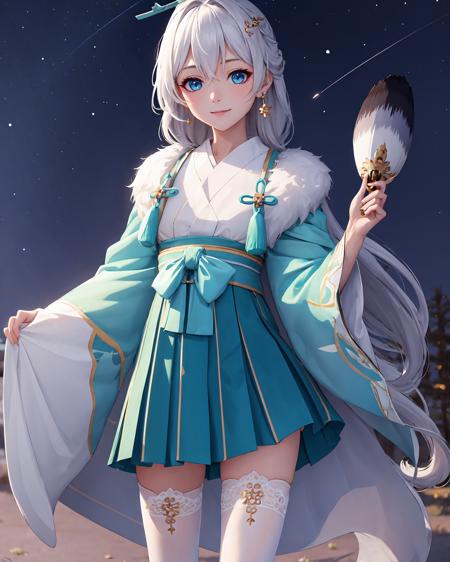 <lora:starlit_astrologos_m1:1>, starlit astrologos, (masterpiece:1.2), (best quality:1.3), ultradetailed, 1girl, standing, light smile, cowboy shot, chinese clothes, skirt, white thighhighs, hand fan, holding fan, night sky