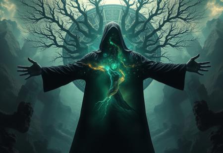 A universe inside a dark cloaked figure within mysterious landscape in an unfathomable realm of fantastic creation inhabited by ancient shadows of a forgotten time beyond the gate of the gateless gate where life is limitless, light is shadow and shadow is light, eerie sense, horror, spark of the beginning, existence and nonexistence at once, ethereal, outstretched arms, behold the end of the beginning, inglorious glory to the dark one, betrayal of the ancient order, beware the 7headed beast, destroyer of the old ways, bearer of the unbearable, nightmarish, archaic runes, tree aging backwards, breath of the gods, ruins of a place unimagined, extreme intricate detail, photorealistic, beyond epic scene, fate discarded, unseeable face of god, the end is the beginning, the beginning is the end, man arises as god dies, as above so below, as below so above, emerald tablet, thoth, guardian and saboteur of existence, hopeless hope, ghosts of the unborn, conception of the inconceivable, cosmic well of imperceptible perception, evil aura, infinite emptiness, pillars of void, overwhelming subtlety, abstract sacred geometry, beams of readiness without intention, gift of doom, despair of the ages, hidden secret warnings from dead gods