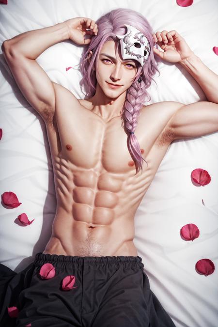 Hythlodaeus,  abs,  arms up,  bangs,  bed sheet,  dark skin,  dark-skinned male,  flower,  groin,  hair over shoulder,  looking at viewer,  lying,  mask,  navel,  nipples,  on back,  pectorals,  petals,  pink eyes,  red flower,  rose,  rose petals,  side braid,  single braid,  smile,  solo,  topless male, <lora:EMS-51663-EMS:0.800000>