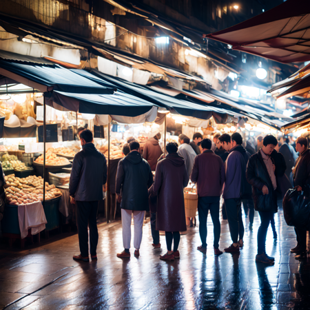 photo, a group of people standing around a market at night rain soaked street  (Marketplace style:1) <lora:djzMarketplaceV21:1>