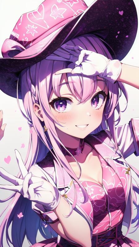 sp-hotaru, long hair, skirt, hat, gloves, dress, purple eyes, pink hair, short sleeves, frills, white gloves, white footwear, knee boots, pink headwear, 