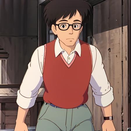 <lora:totoro001:0.7>,solo,
Tatsuo,1man,
black hair,
short hair,
glasses,
collared shirt,sweater vest,
pants,