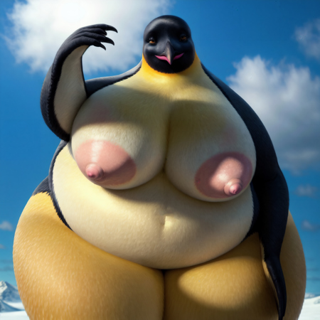 Gloria, female, obese, penguin, white underside, yellow patch on her chest
