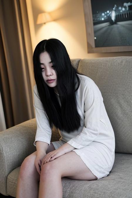 UHD, 4k, RAW Photo, ultra detailed, Sadako, long black hair, (hair over eyes), pale skin, White dress, long sleeves, dirty clothes, sitting on a couch, indoor, ((night, cinematic lighting))