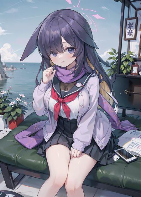 <lora:tsukuyo_v1.0:0.7>,tsukuyo\(blue archive\),long_hair,purple_hair, purple_eyes,hair_over_one_eye, halo,long dress, serafuku,sailor_collar,fishnets, neckerchief,cardigan, bandaged_leg,outdoors, blush, from above, sitting, looking at viewer, smile,, masterpiece, best quality, extremely detailed face, sharp details, high contrast,