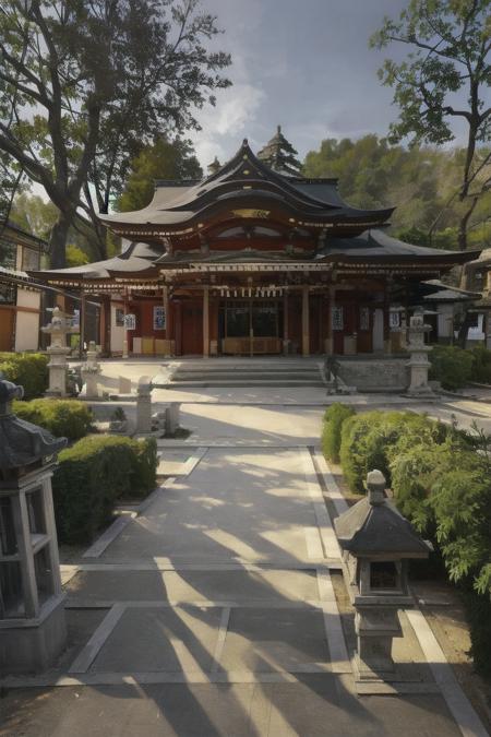 masterpiece, best quality, ultra-detailed, illustration,
jinzya, shrine, scenery, architecture, outdoors, tree, building, stone lantern, pavement, stairs, sunlight, realistic, 
<lora:jinzya_V1:1:XYZ>