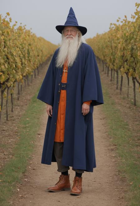 medium shot, DonMM1y4XL old man,    wizard's habit,  ankle boots,        , orange nautical light, vineyard, freeway,  <lora:DonMM1y4XL-v2rb>