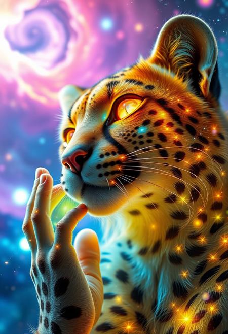 a close-up shot of an ethereal star anthropomorphic cheetah woman with eyes body and face glowing like galaxies, surrounded by swirling, vibrant cosmic rainbow colors, vibrant star planet,  ultra-detailed and photorealistic rendering, soft ambient lighting, starry nebulae in the background, dynamic and radiant color gradients, glowing reflections, cinematic composition, surreal and otherworldly atmosphere, intricate facial features, flowing hair infused with cosmic energy, soft detailed fur, luminous and ethereal, celestial radiance, soft yet detailed textures, otherworldly beauty, joyful expression on her face
looking up, fingers to cheeks, highly detailed hair and fur