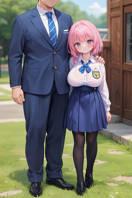 <lora:opll-sizediff3:0.8>  , masterpiece, (age difference, size difference, faceless man standing behind), 1girl, full body, huge breasts, uniform, pantyhose, smile, father and daughter