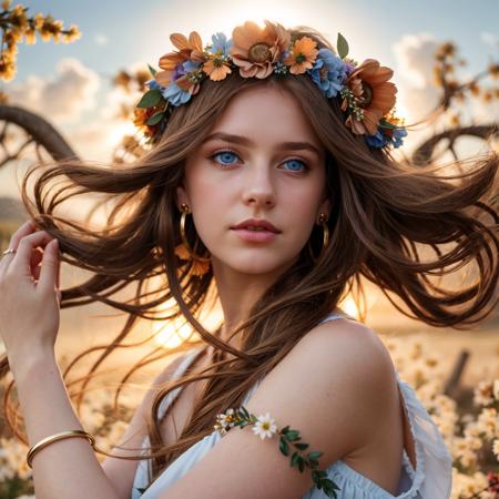 1girl, armlet, blue eyes, blurry, blurry background, bracelet, brown hair, cloud, depth of field, earrings, floating hair, flower, hair flower, hair ornament, head wreath, jewelry, lips, long hair, outdoors, realistic, sky, solo focus, sun, sunset, upper body