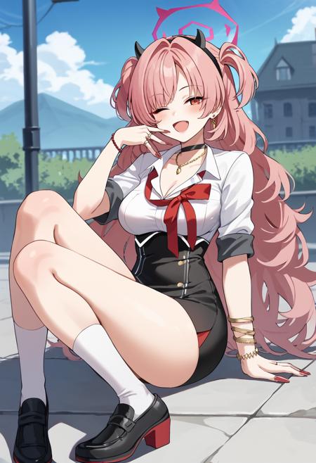 kirara-default, kirara (blue archive),red eyes,pink hair,long hair,horn,halo,choker,nail polish,jewelry,white shirt,red neckerchief,high-waist skirt, black skirt,white socks,black footwear