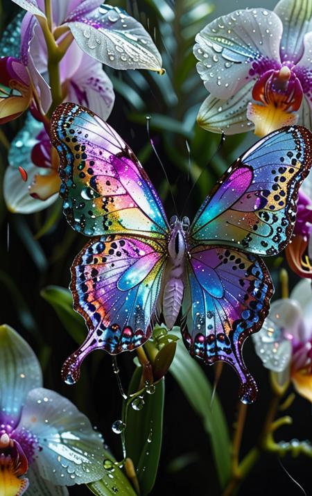 A iridescent butterfly with delicate wings featuring intricate patterns of Amazonian flowers, perched on a vibrant orchid, with a few dew drops glistening on its wings and a subtle shimmer effect <lora:MJ52:0.5>
