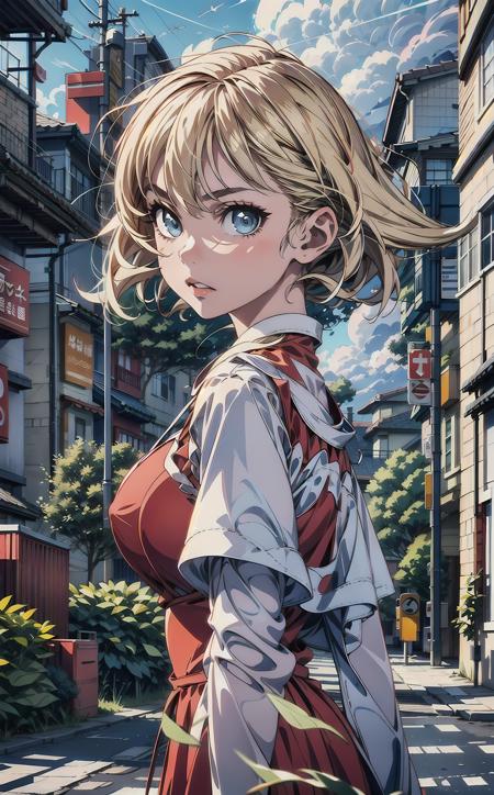 (best quality, masterpiece), 1girl, looking at viewer, blurry background, contemporary, dress, (line art:1), short hair, red dress, fleckes, sunshine, on the sidewalk, <lora:add_detail:1>, <lora:眼睛双:0.5>, (cloudy sky), blue eyes,