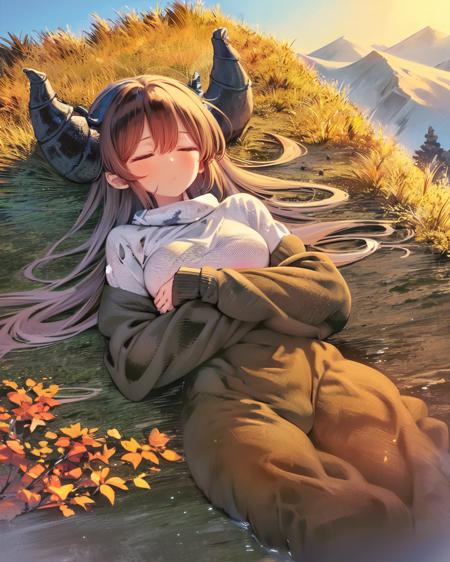 <lora:HatarakiAriV2:1>
(goat_horns 1girl)
(sleeping in mountain top at (morning:1.3):1.2) in (autumn:1.0)