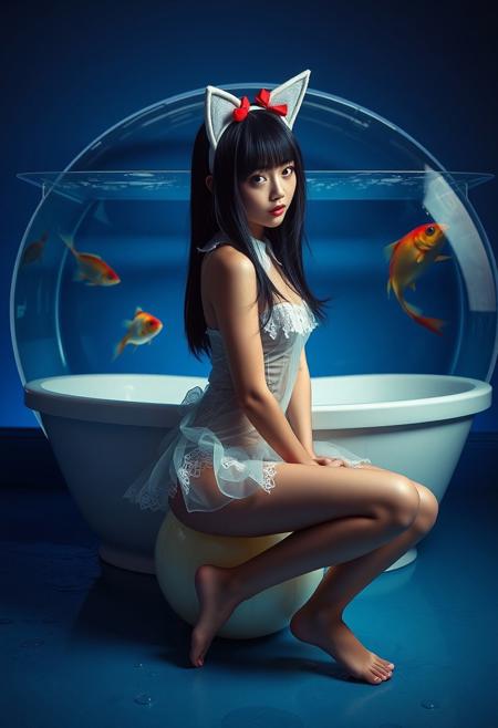 (Soft Lighting Photography by Mimoza Veliu and Mario Giacomelli:1.2), NSFW, Japanese college girl wearing white cat ears, long eyelashes, long black bob, face obscured by hair, bare feet, white ears with red bow, sexy transparent dress with white collar, laces stockings, breast exposed, sitting on a bouncy ball with her leg, in profile, a big fish tank around her, bath tube, looking at viewers, surrealism, fashion illustration, gradient blue background, avant-garde, vivid colors, filigree, photorealistic rendering, moody chiaroscuro lighting. sexy, dynamic poses,, wet floor, bubbles,