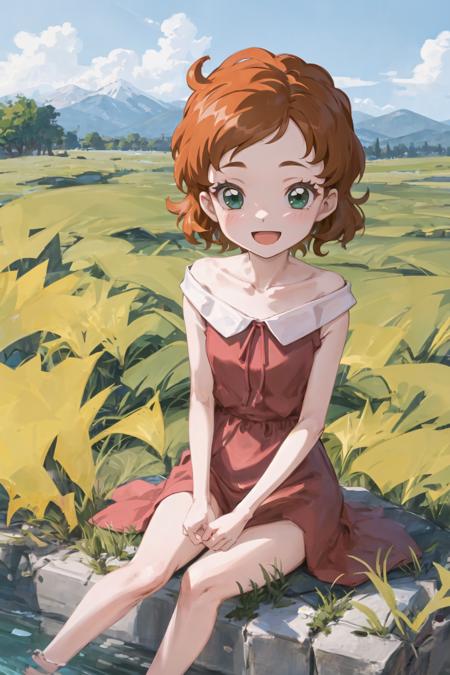 1girl, sndsuzuka, childshort hair, brown hair, green eyes, collarbone, red dress, :d, looking at viewer, sitting, grass field  <lora:sounanda-suzuka-000004:0.9>