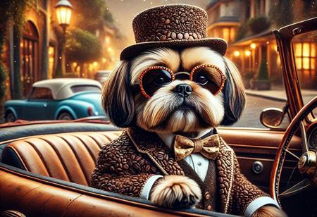 digital painting of a made of Coffee beans, cute shihtzu in suit and bowtie, top hat and cutting edge sunglasses,  entirely made of retro sophistication texture, driving a convertible car, whimsical and magical atmosphere, soft lighting, highly detailed and stylized, concept art for a vintage charm-themed universe
