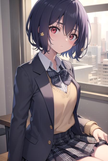 aimizuno, <lora:aimizuno-lora-nochekaiser:1>,
ai mizuno, black hair, hair between eyes, (red eyes:1.5), short hair,
BREAK black jacket, black legwear, black neckwear, black skirt, blazer, brown footwear, collared shirt, flower, hair flower, hair ornament, jacket, loafers, long sleeves, miniskirt, open clothes, open jacket, plaid, plaid neckwear, plaid skirt, pleated skirt, school uniform, shirt, shoes, skirt, sweater, white shirt, wing collar, yellow flower, yellow sweater
BREAK looking at viewer, full body,
BREAK indoors, classroom,
BREAK <lyco:GoodHands-beta2:1>, (masterpiece:1.2), best quality, high resolution, unity 8k wallpaper, (illustration:0.8), (beautiful detailed eyes:1.6), extremely detailed face, perfect lighting, extremely detailed CG, (perfect hands, perfect anatomy),