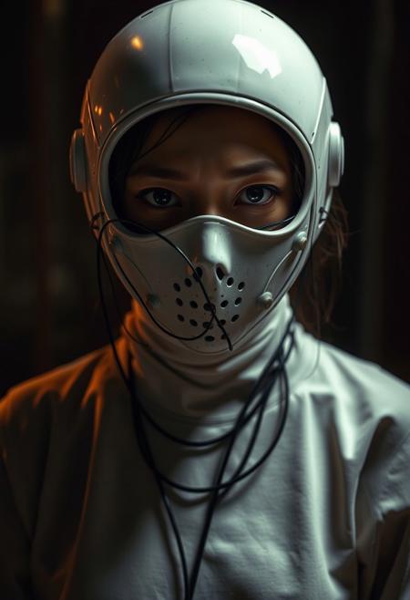 An Asian woman wears a porcelain mask with exposed wires and technological elements underneath, captured as a haunting photograph using a full body shot, under the dim,she is angry.Full body visible.