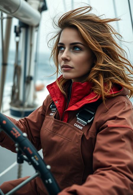 beautiful woman steering sailing yacht in heavy seas, rain jacket, overalls, hair blowing, close up