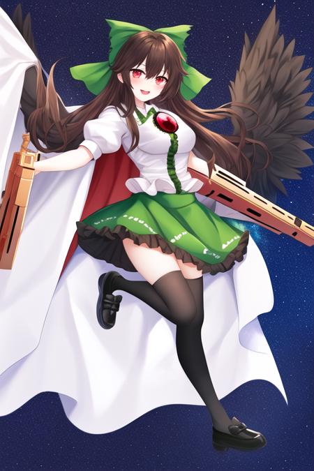 masterpiece, best quality, highres, solo, {reiuji_utsuho_touhou:1.10}, bow, long_hair, hair_bow, green_bow, wings, red_eyes, third_eye, black_wings, black_hair, cape, arm_cannon, brown_hair, smile, breasts, 1girl, frills, green_skirt, looking_at_viewer, puffy_short_sleeves, puffy_sleeves, shirt, short_sleeves, skirt, weapon, white_shirt, asymmetrical_footwear, bird_wings, collared_shirt, full_body, mismatched_footwear, shoes, simple_background, socks, starry_sky_print, white_background, white_cape, black_socks, frilled_skirt, open_mouth