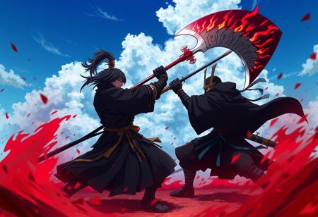 anime, fight, death with his scyte vs samurai in black garment with a huge sable spade