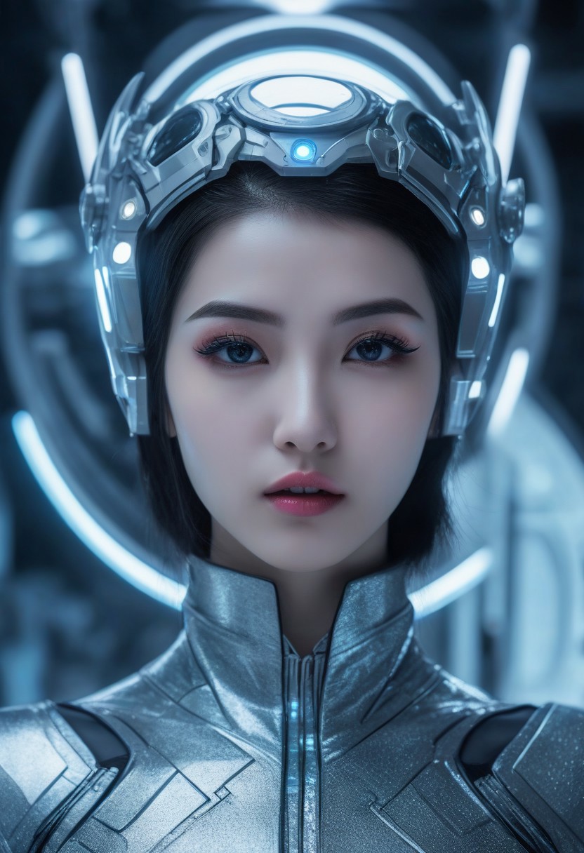 Science Fiction, Fantasy, photorealistic, RAW professional photo, a space princess in a high tech revealing silver colored costume,  beautiful face, perfect facial features, hero pose, high quality, ultra detailed,  cinematic, intricate black hairstyle, short hair, exotic make up, dark silver eyeshadow, dark pink lips, hair ornaments,  perfect body, accurate facial features, perfect facial features, luminous blue ice landscape background, high tech, science fiction, fantasy, futuristic, cyberpunk, cinematic, dramatic lighting, high resolution, detailed, 4k gothic, erotic.