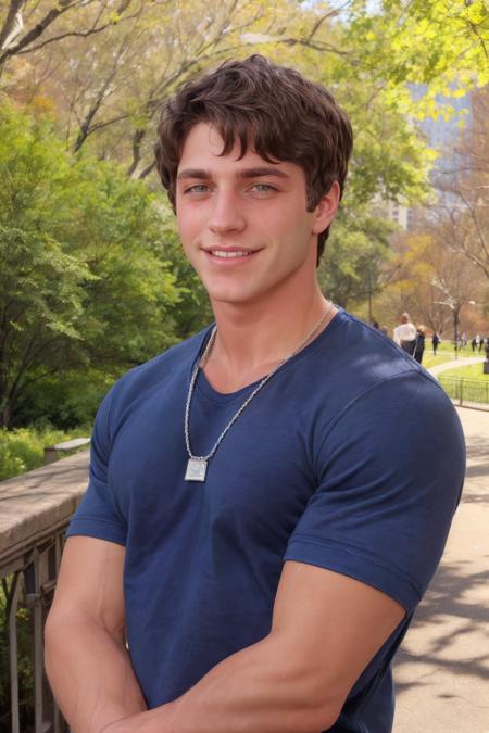 closeup photo of sc_brandon <lora:sc_brandon_cleancut-08:0.75> posing at a new york city central park wearing a fitted stylish navy blue crewneck sweatshirt, (rolled up sleeves), (smirk:0.5), candid shot, bold confident demeanor, soft diffused lighting, simple chain necklace, shallow depth of field, natural relaxed pose