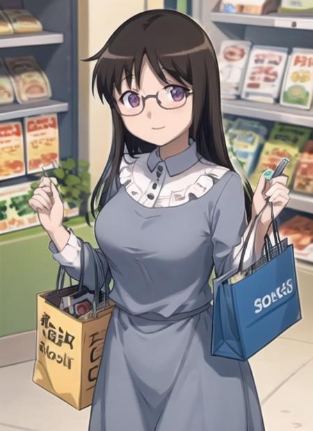 <lora:MiyanoMayu:0.7> MiyanoMayu, 1girl, solo, looking at viewer, smile, shirt, long sleeves, glasses, bag, shop, shopping, groceries