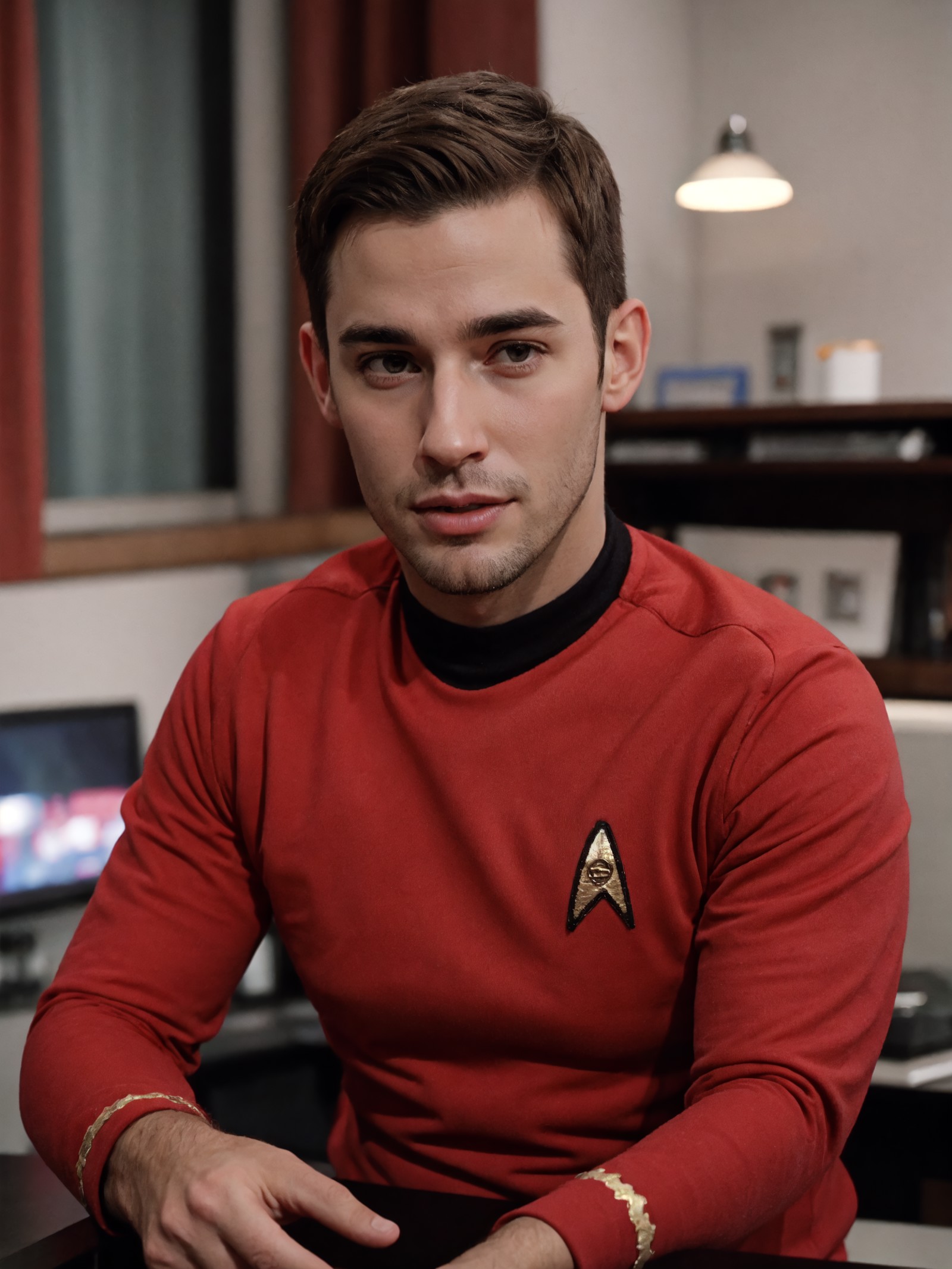 young man in red  startrektos  uniform
masterpiece, best quality, soft light, bokeh, real shadow, cinematic, subsurface sc...