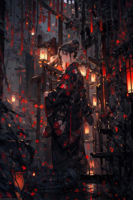 (masterpiece:1.2), best quality,realistic,Tyndall effect,
1girl, lantern, rain, solo, japanese clothes, kimono, standing, outdoors, night, hair bun, paper lantern, black kimono, single hair bun, scenery, water, from behind, wide sleeves, artist name, holding, long sleeves
 <lora:ghostdom_20230621222536-000016:1> <lora:Chinese style_20230608155715-000010:0.5> <lora:add_detail:1>