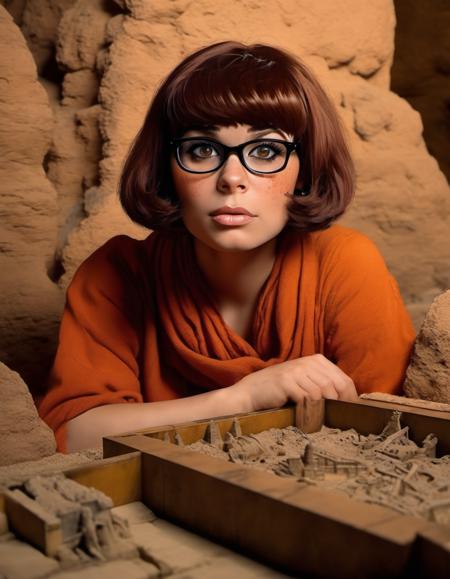 photo of sdxlvelma inside an egyptian tomb with a behind her mummy in the background, sdxlvelma, detailed, realistic, 8k uhd, high quality