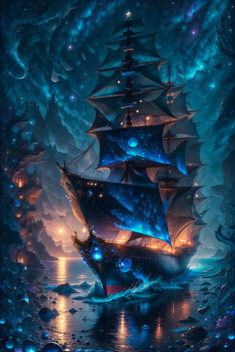 Illustration of a large sailing ship in the water at night.