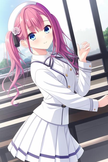 best quality ,masterpiece, 1girl,shirakawa akari,pink hair,medium hair,twintails,blue eyes,hat,hair ribbon,hair flower,school uniform,white shirt,white skirt,yellow bowtie,miniskirt,black legwear,<lora:dc5:0.4>