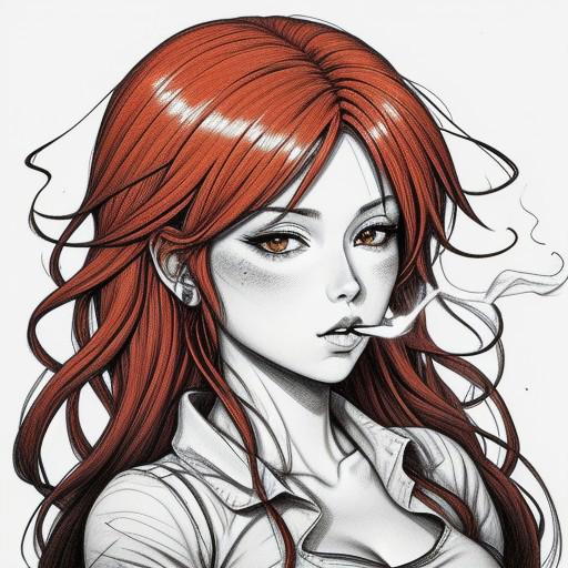 ink. Pencil black and white
Beautiful girl redhead anime style. Anime style. Smoking. Mature content. Black, white, red, orange colors. Shapes and dynamic in background Outlines -- --