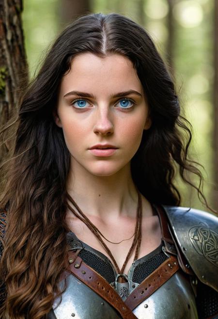 (photograph:1.8), (photorealistic:1.6), (realistic:1.7), (intricate detail:1.1), (soft lighting), (beautiful woman, young woman, 22 years old, Celtic woman), blue eyes,(detailed face), (smooth hair, long hair, black hair:2.4), (round breasts, large breasts:1.6), ((leather armor:1.5)), (cleavage:2.9), ranger, bow (weapon), in a forest grove, at dawn, (facing viewer, (cowboy shot)), 8k uhd, dslr, soft lighting, high quality, film grain, Fujifilm XT3